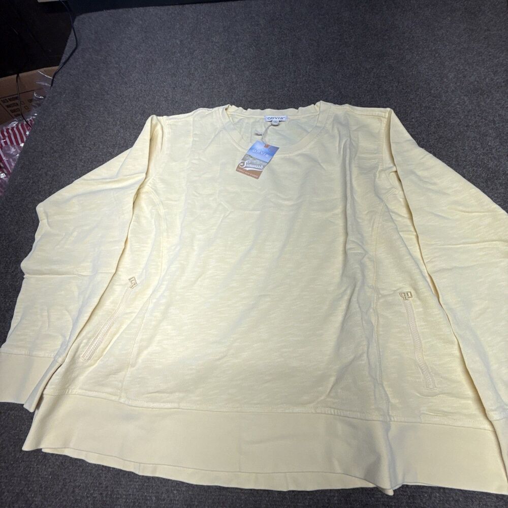 Orvis Sunwash Riverside Crewneck Sweatshirt Yellow Pullover Pockets NWT Size XL